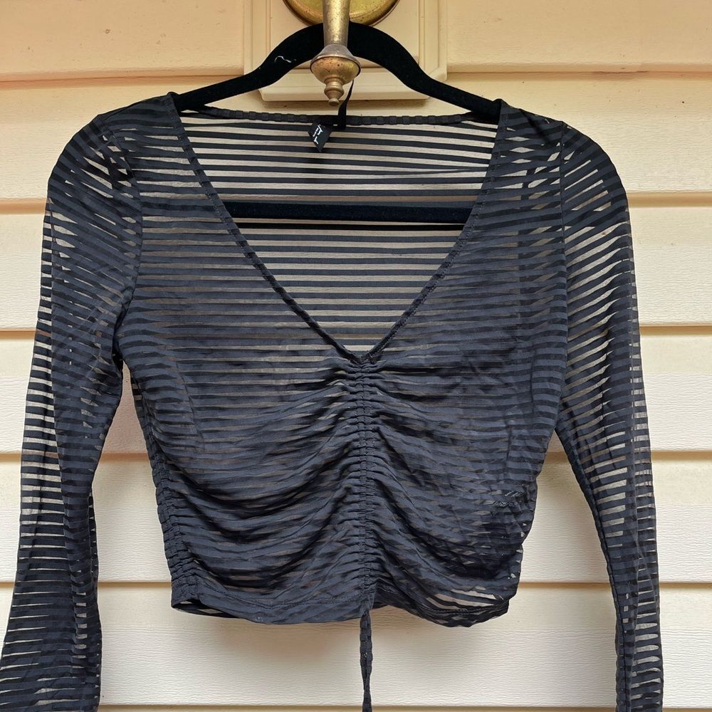 Out From Under black long sleeved blouse, solid/sheer stripes, V-neck, beauty,SP